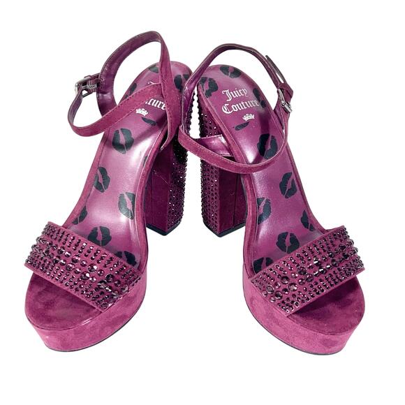 Juicy Couture Trice Platform Heels Size 7.5 Wine Color Rhinestone Embellishments - Picture 3 of 14